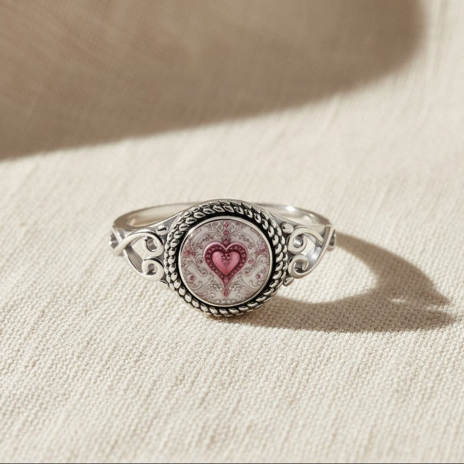 Heart Shape Floral Silver Ring