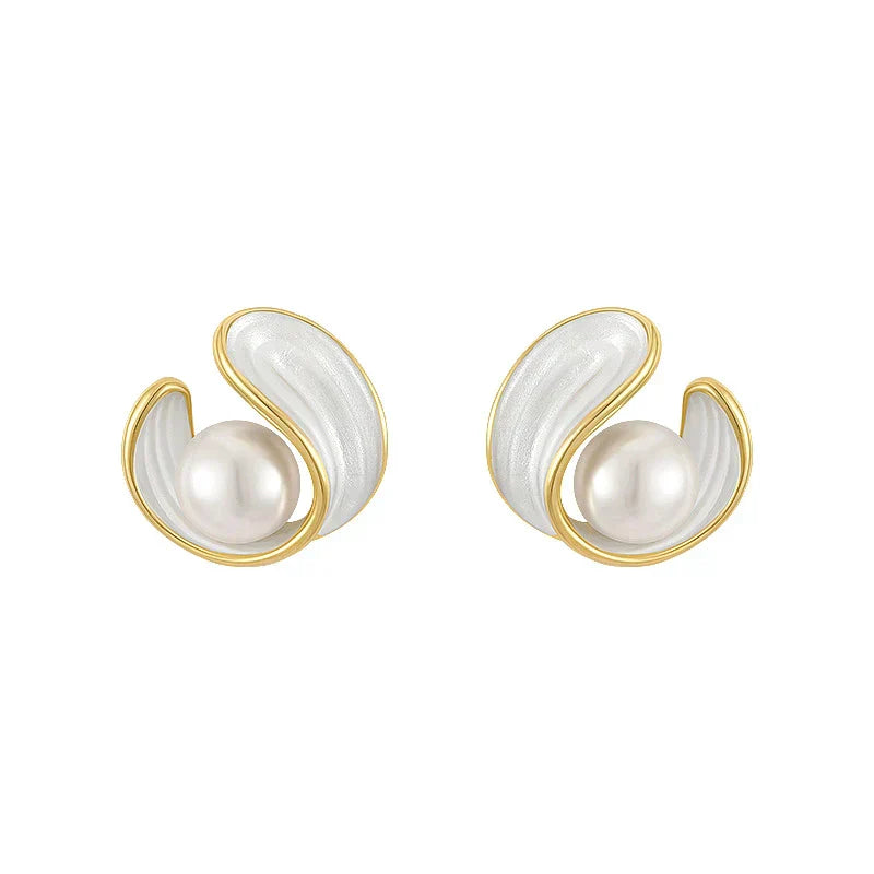 Golden Pearls and White Enamel Stud Earrings