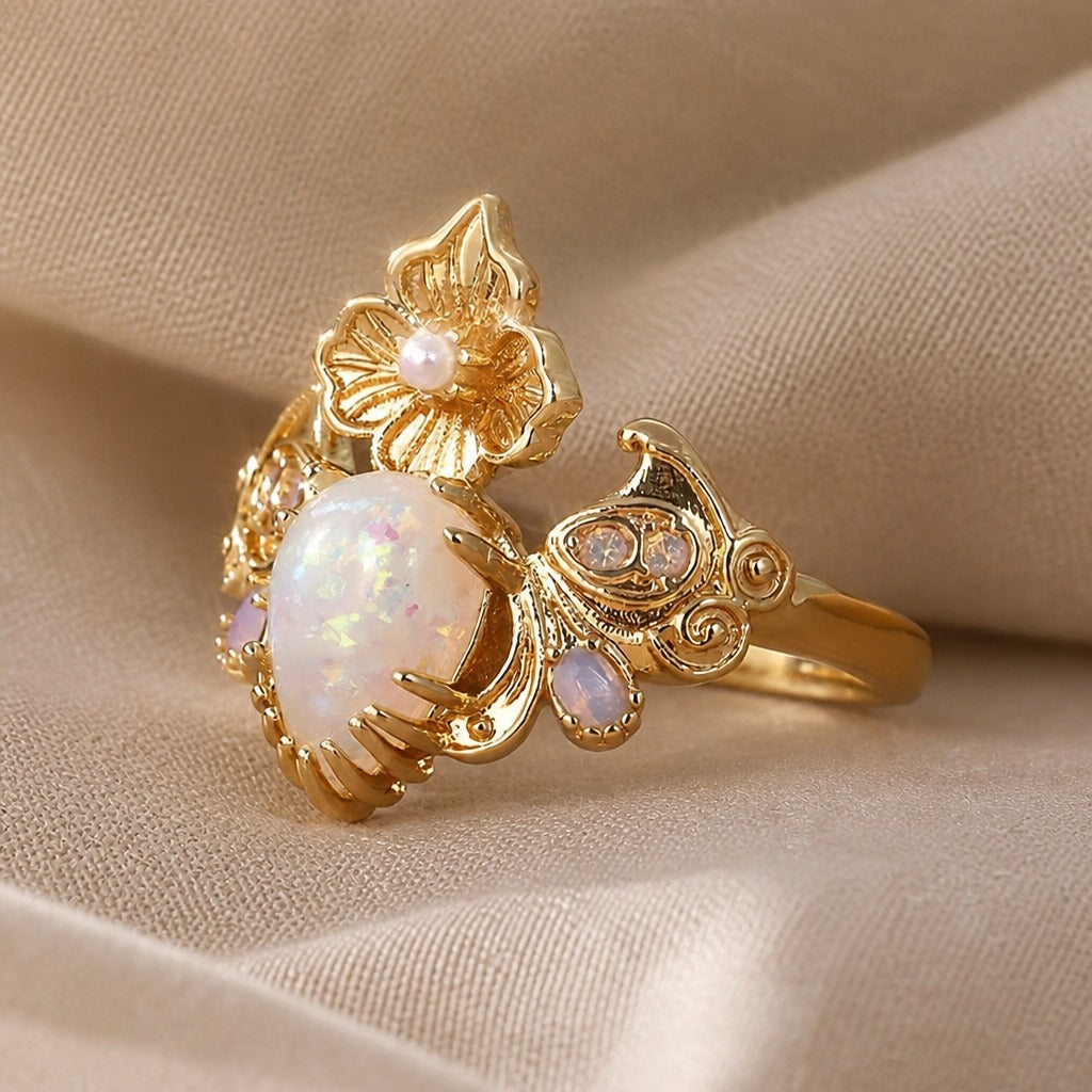Vintage Carved Flower Opal Ring