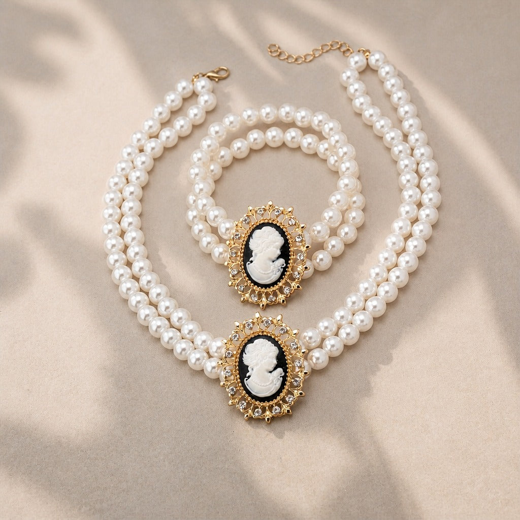 Pearl Cameo Necklace and Bracelet Set