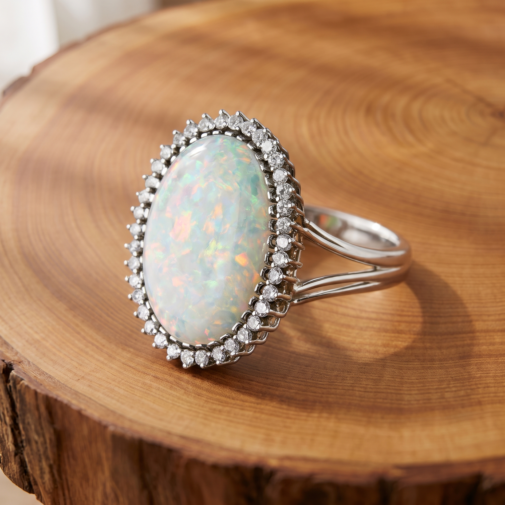 Grand white opal halo ring on a tree-trunk slab