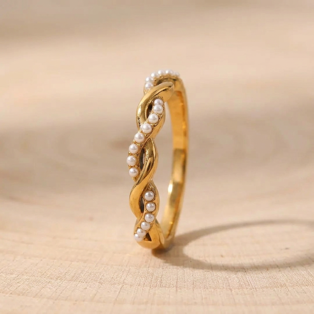 Dainty Gold Twisted Pearl Stacking Ring