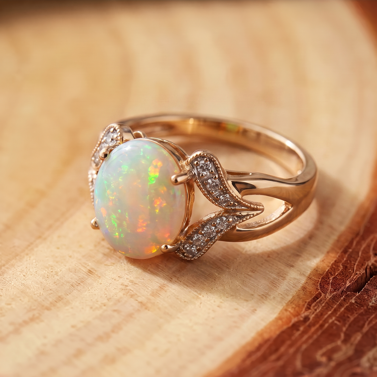 Vintage White Opal Gold Ring on a tree-trunk slab