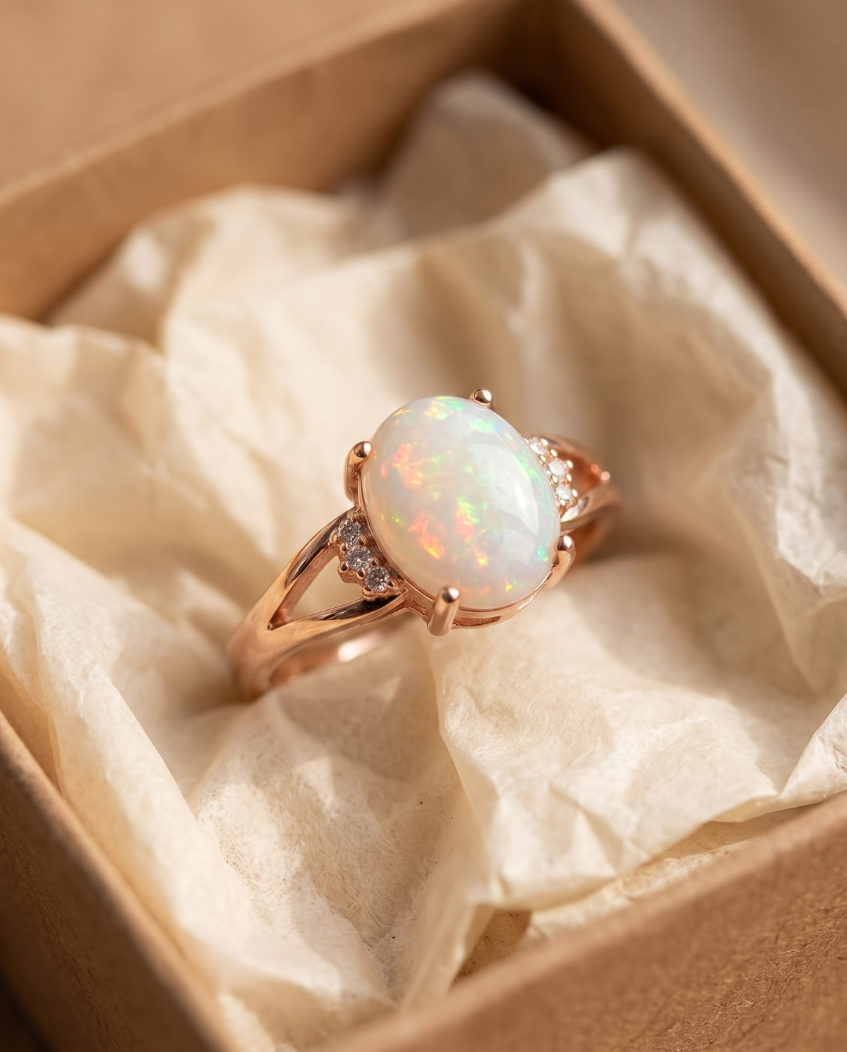 White Opal Rose Gold Ring in a kraft gift box