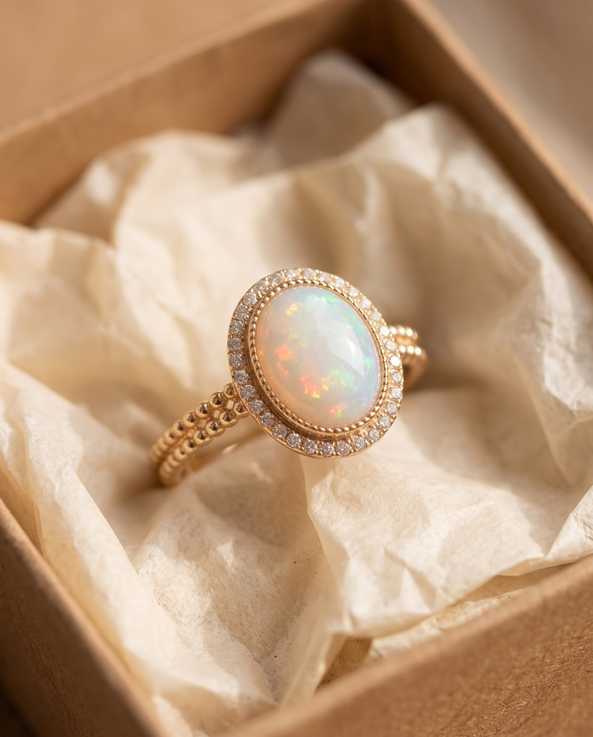White Opal Halo Gold Ring in a kraft gift box