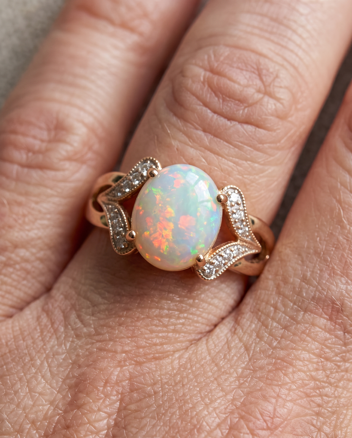 Vintage White Opal Gold Ring worn on a model
