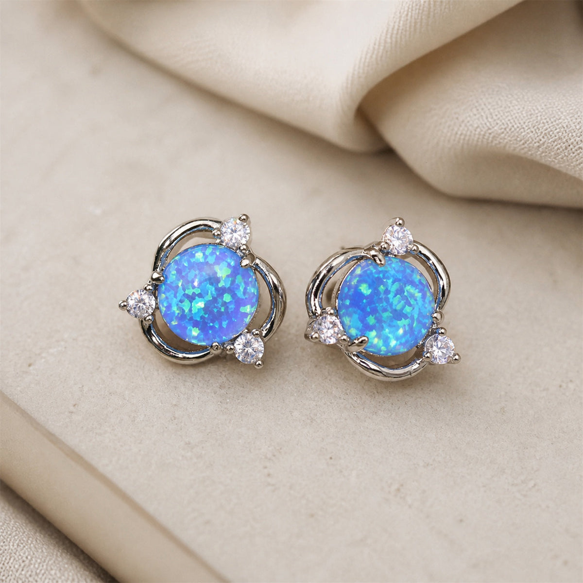 Round Opal Silver Stud Earrings