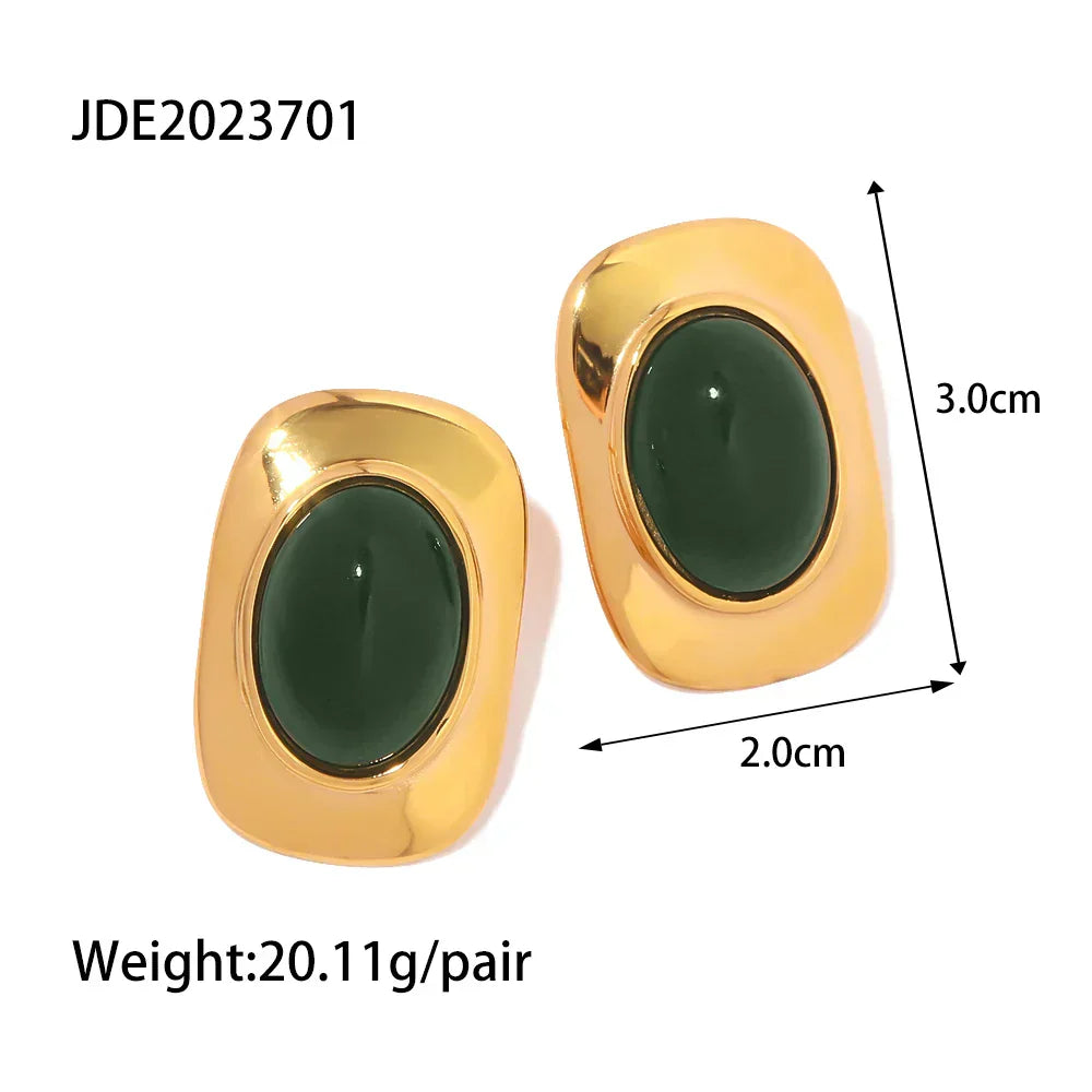 Vintage 18K Gold-Plated Green Opal Oval Earrings