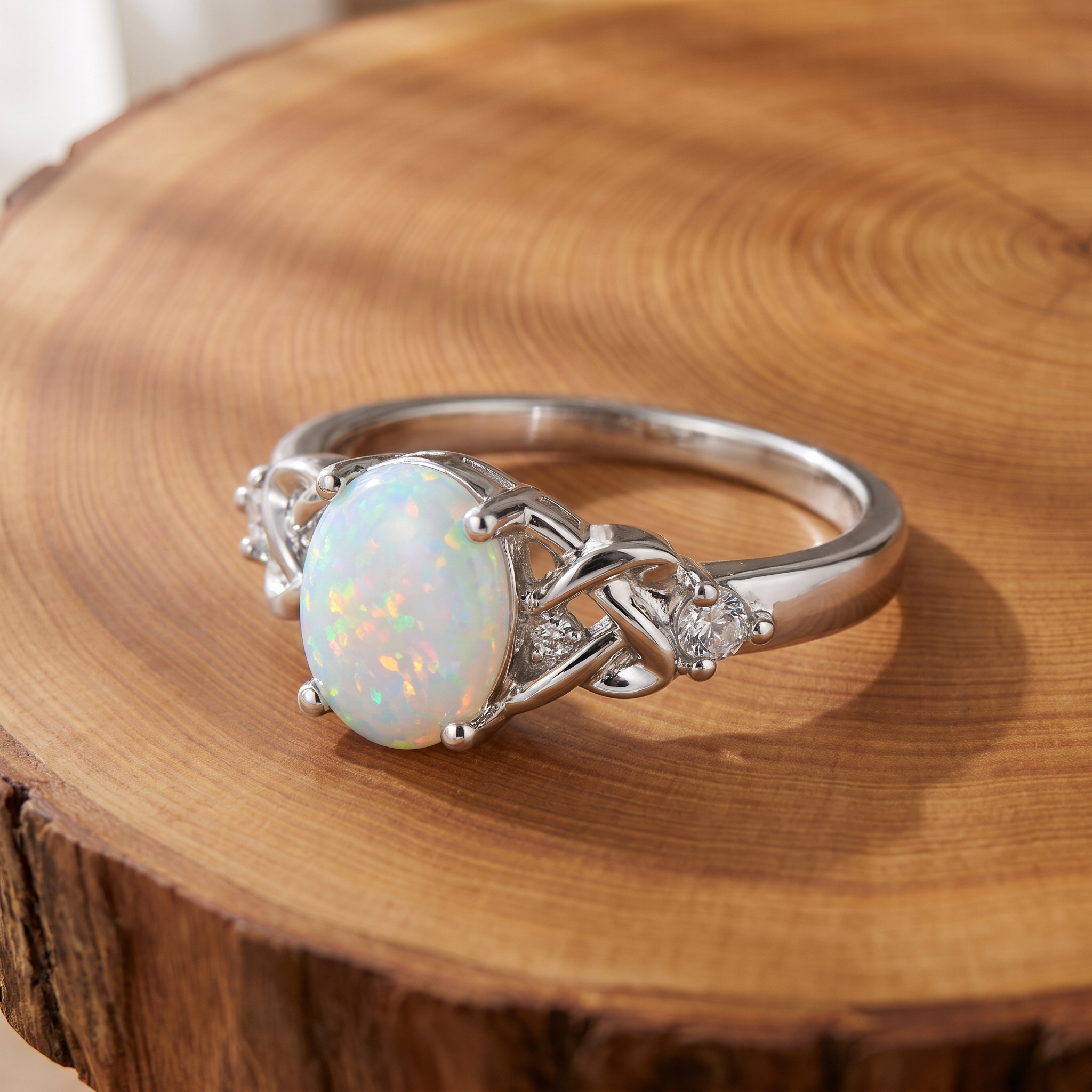 White opal Celtic knot silver ring on a tree-trunk slab