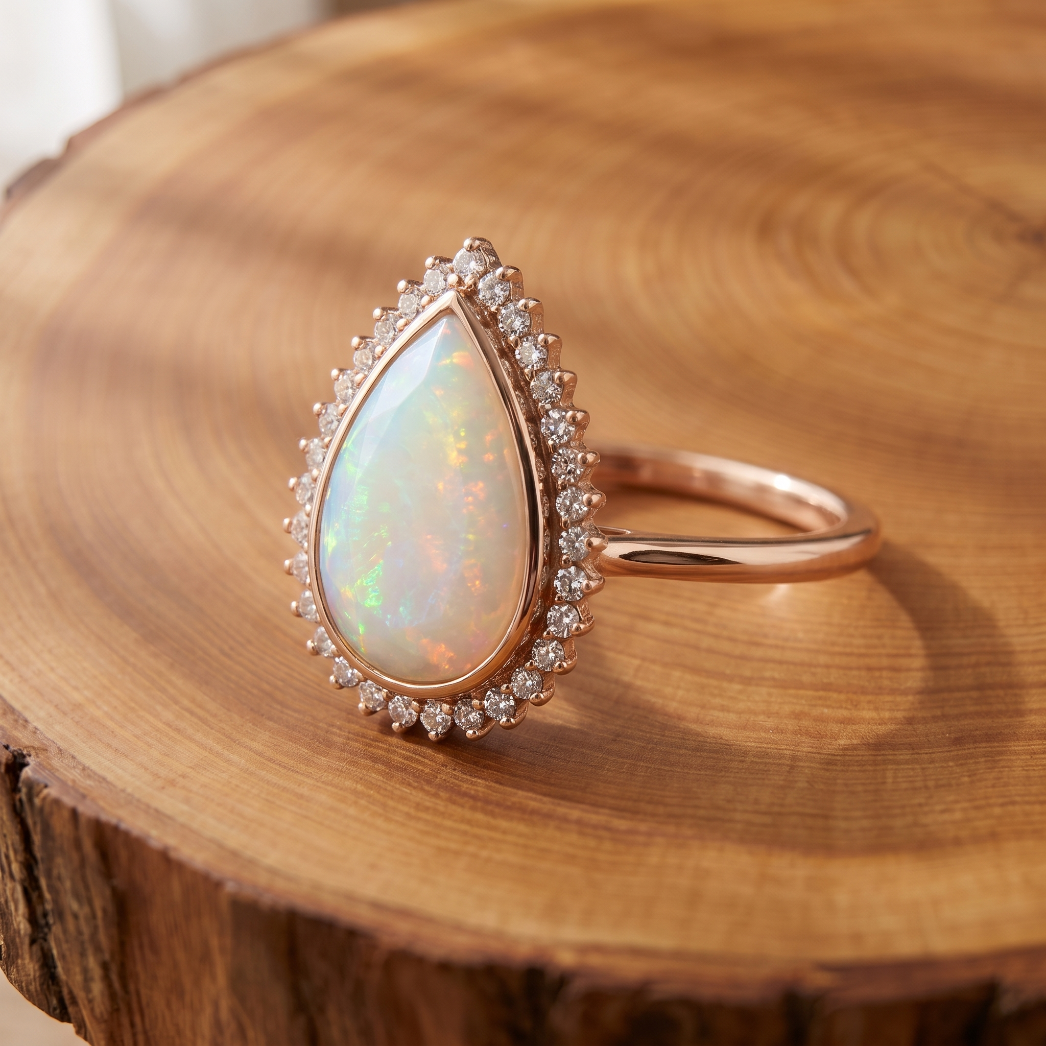 White opal teardrop rose gold ring on a tree-trunk slab