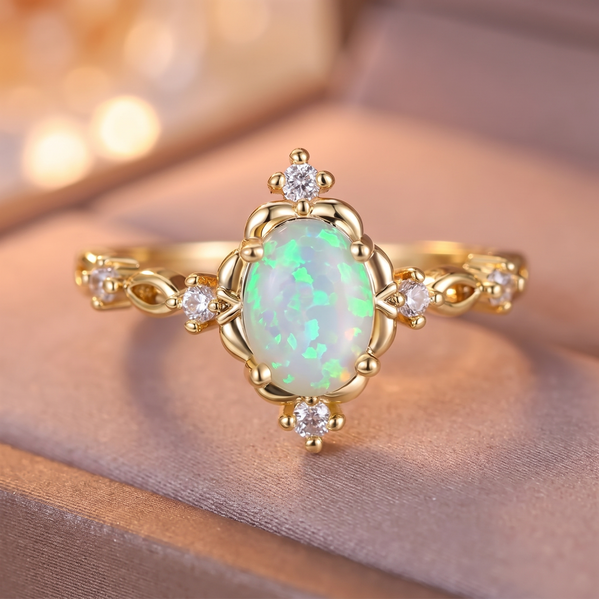 White Fire Opal Oval Stone Flower Ring