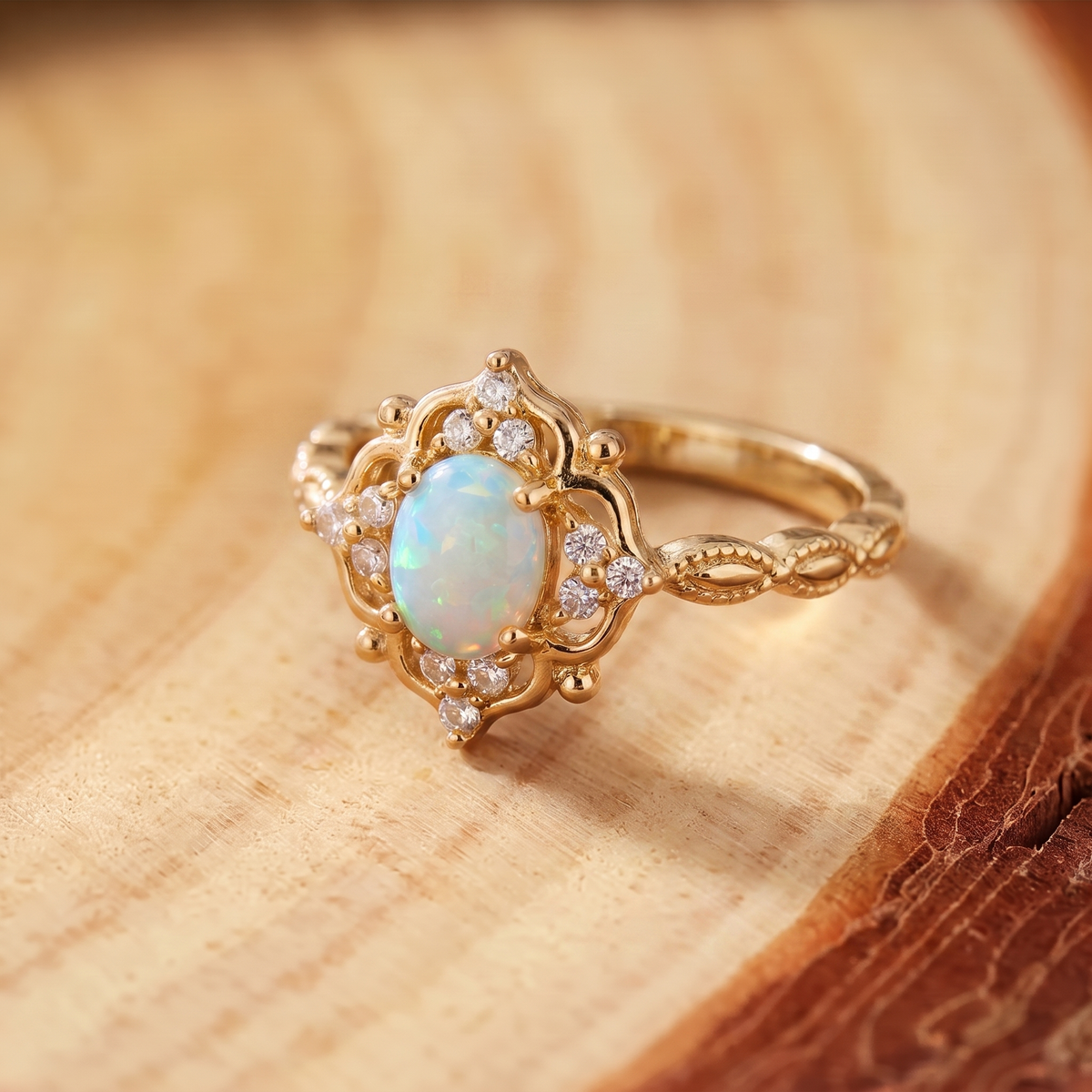White Opal Baroque Gold Ring on a tree-trunk slab