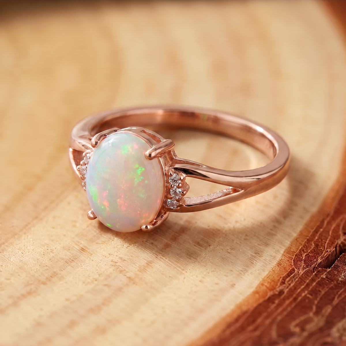 White Opal Rose Gold Ring on a tree-trunk slab